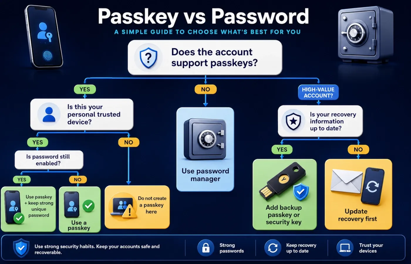 Decision flow showing when to use a passkey, a password, or both