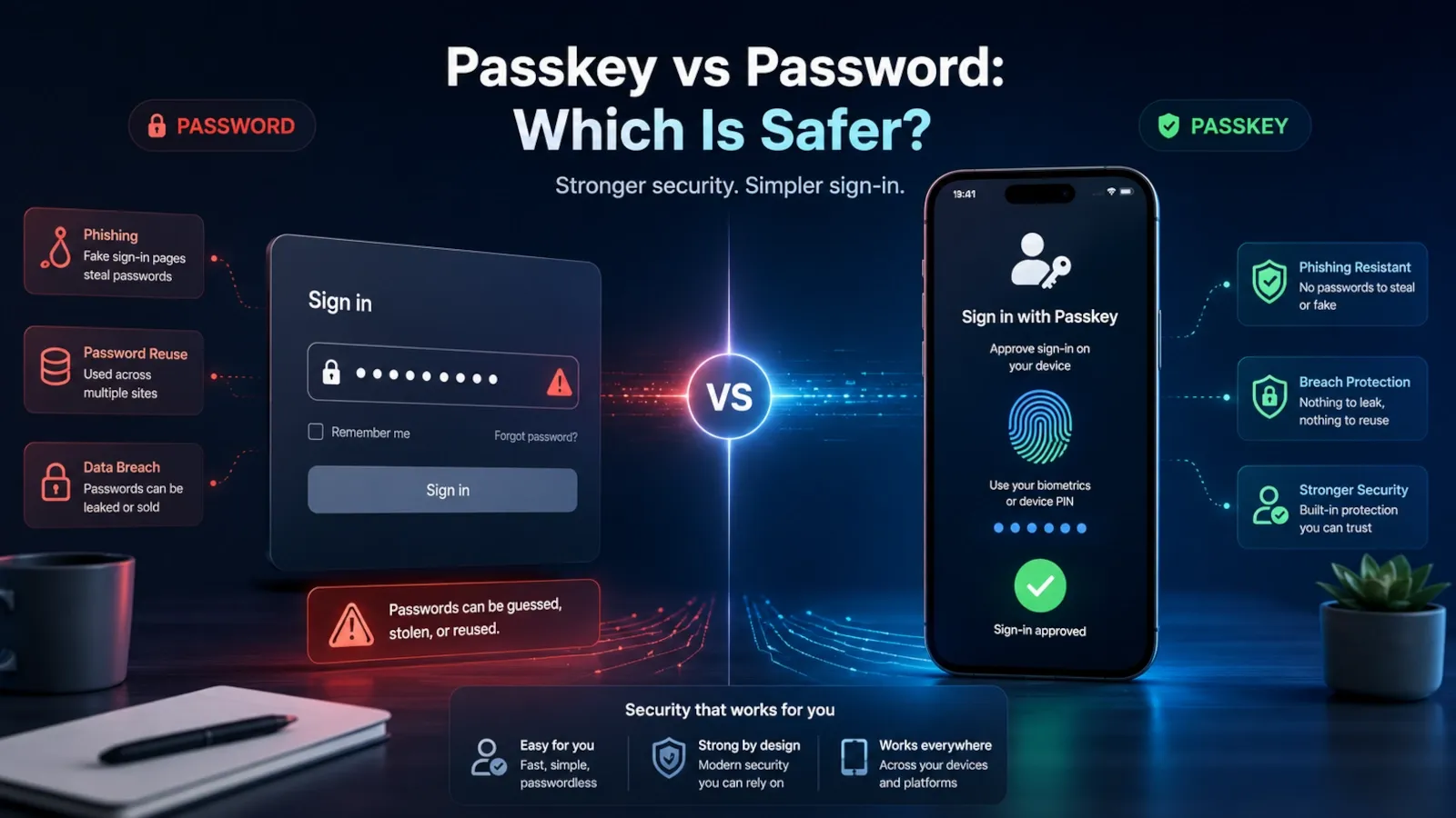 Passkey and password comparison with phone, lock, password field and security shield