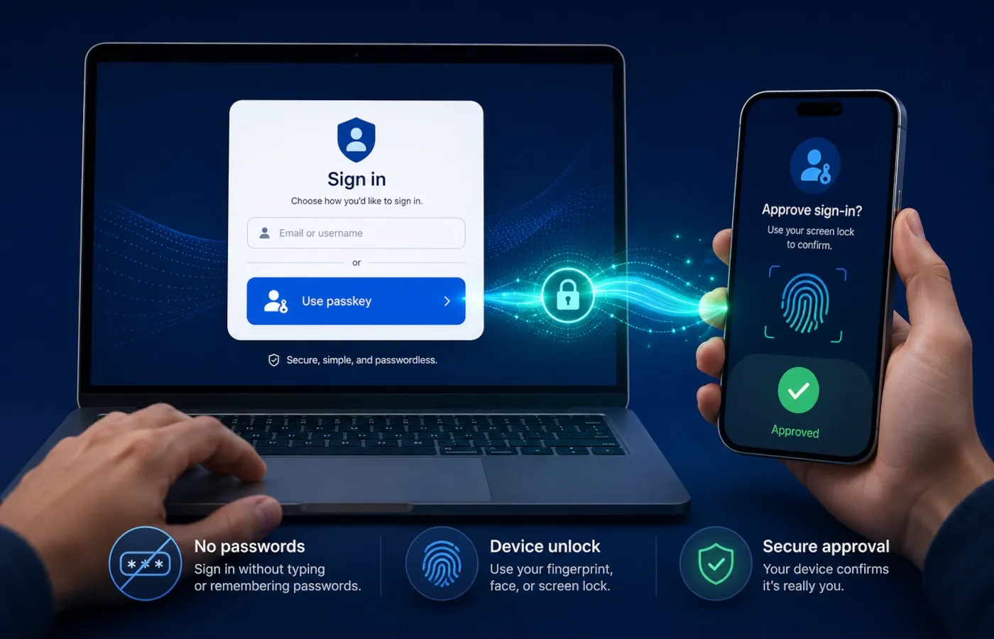 Laptop sign-in approved by a phone using a passkey instead of a password